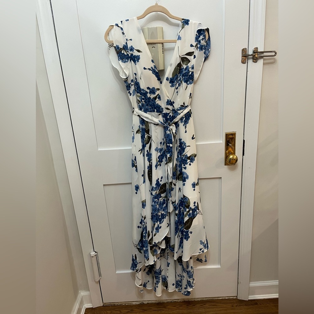 French Countryside White Floral Print High-Low Dress Sz Small